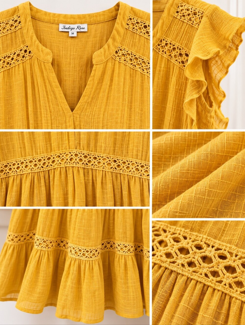 Indigo Rose Mustard Yellow Lace Trim Tiered Dress Petite XL PXL - Picture 4 of 9